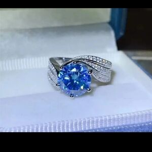 R675.   Exquisite 3 carat Deep Blue Moissanite Cocktail Ring.  Adjustable.